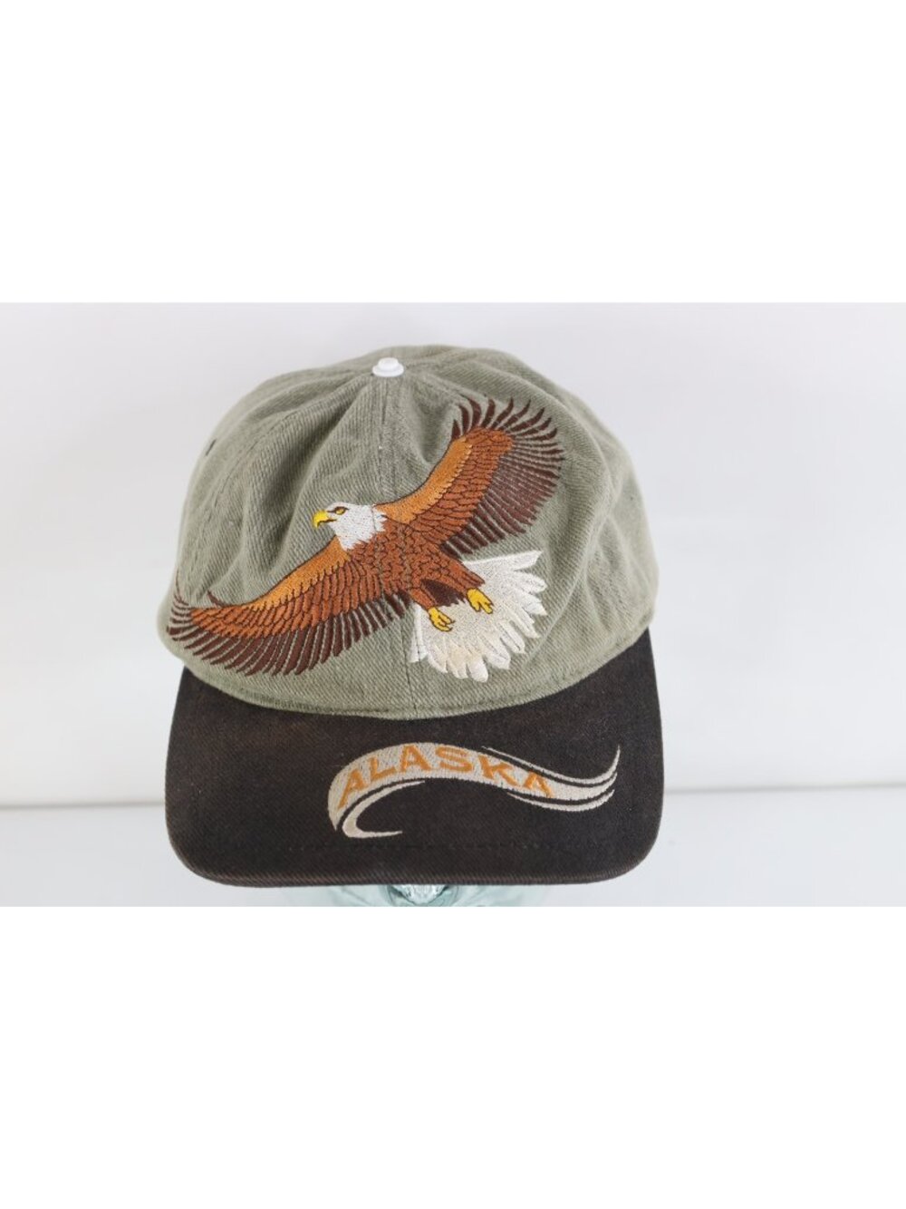Vintage 90s Streetwear Faded Spell Out Alaska Eagle Jumbo Print Hat Cap Green